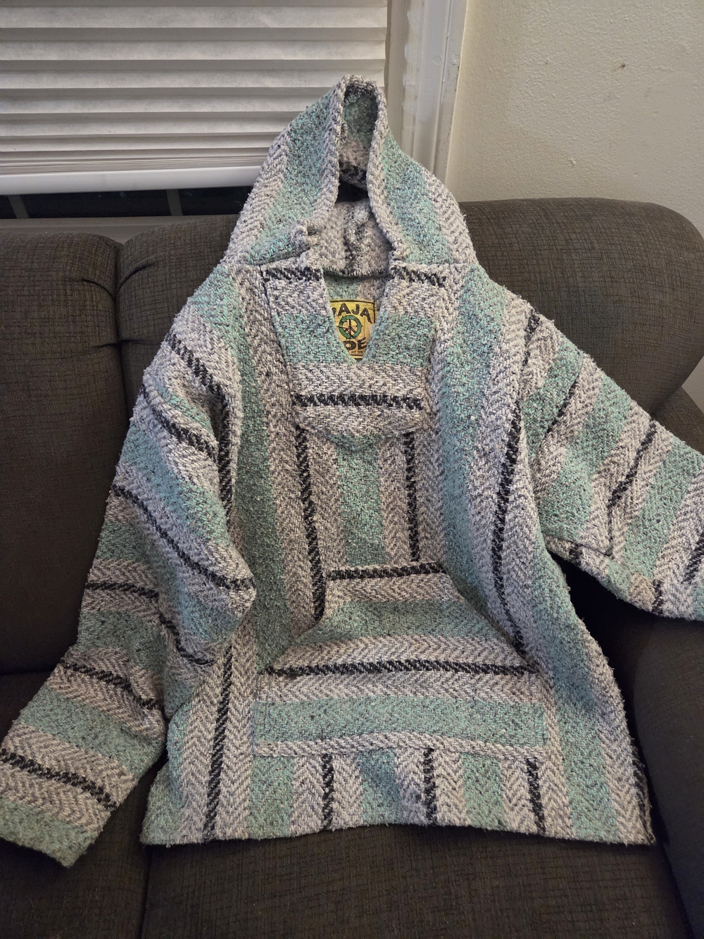 Baja-Style Hooded Pullover Sweater in Mint, Cream & Black